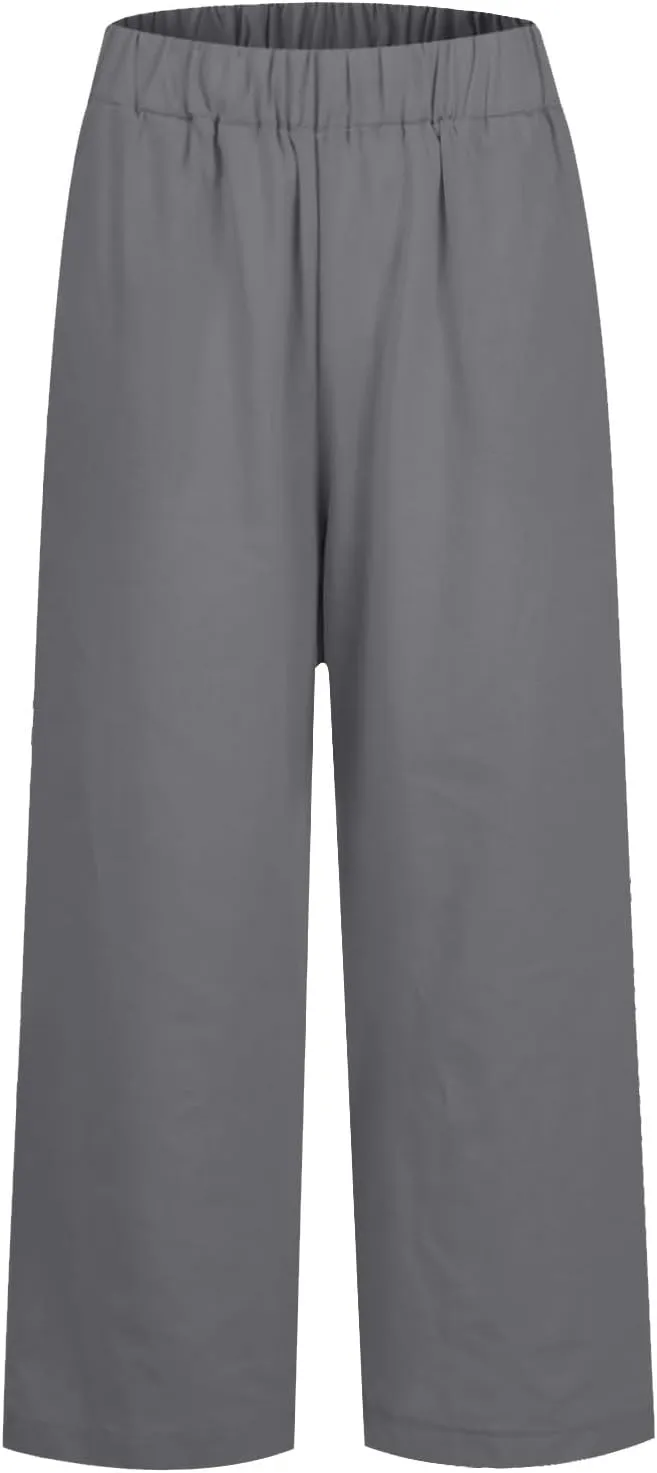 Cotton Linen Pants Women Summer Elastic Waist Straight Leg Plus Size Cropped Pants Casual Beach Trousers with Pockets