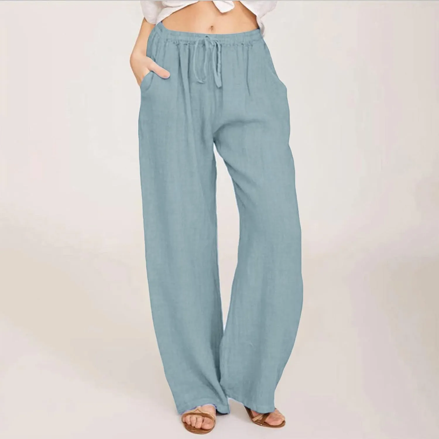 Cotton Linen Pants Women Summer Wide Leg Drawstring High Waisted Palazzo Pants Casual Loose Trousers with Pockets