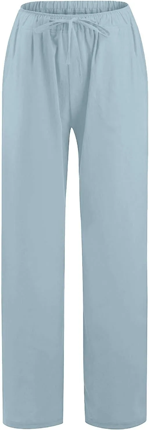 Cotton Linen Pants Women Summer Wide Leg Drawstring High Waisted Palazzo Pants Casual Loose Trousers with Pockets