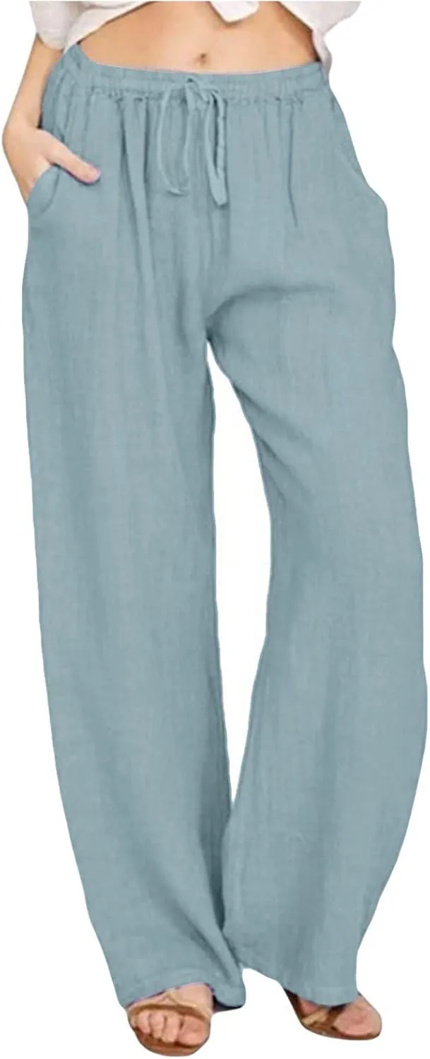 Cotton Linen Pants Women Summer Wide Leg Drawstring High Waisted Palazzo Pants Casual Loose Trousers with Pockets