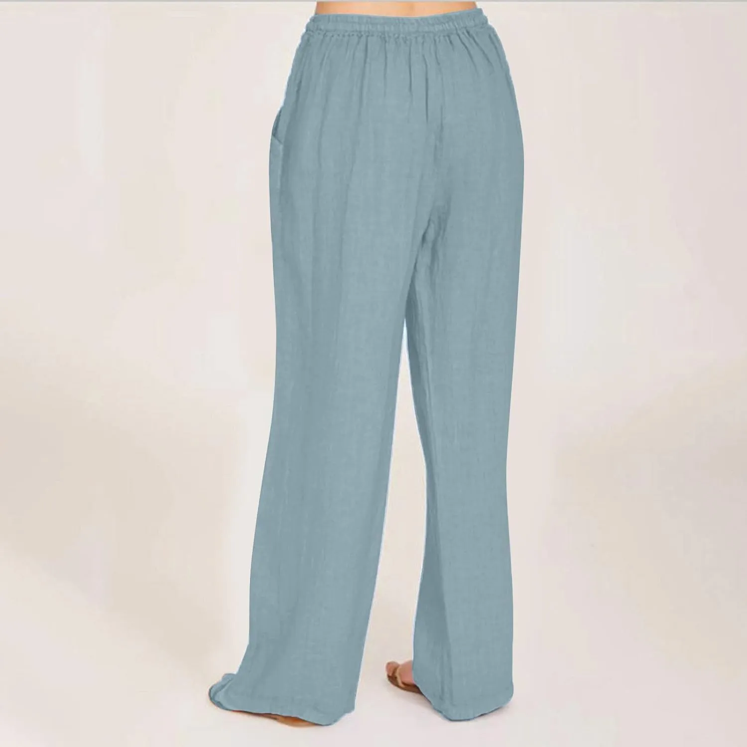 Cotton Linen Pants Women Summer Wide Leg Drawstring High Waisted Palazzo Pants Casual Loose Trousers with Pockets