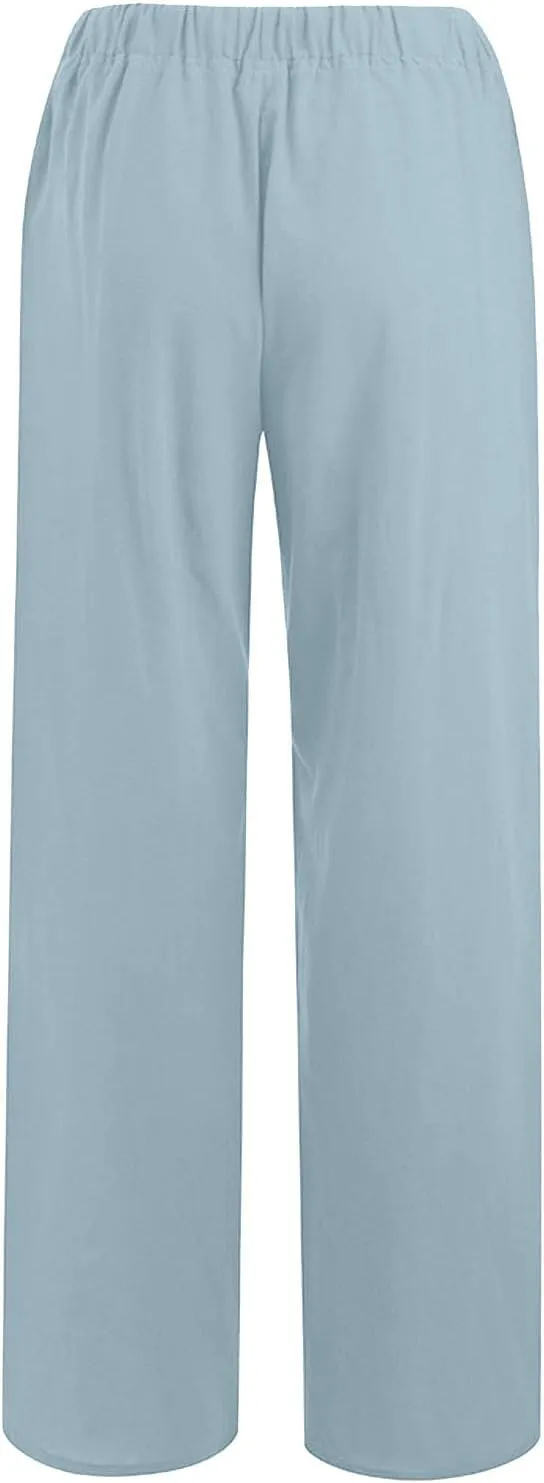 Cotton Linen Pants Women Summer Wide Leg Drawstring High Waisted Palazzo Pants Casual Loose Trousers with Pockets
