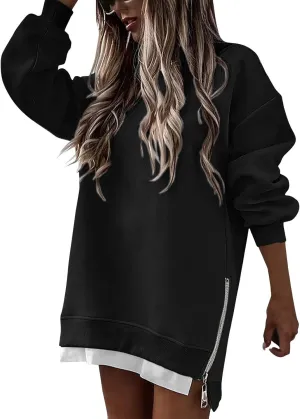 Crewneck Sweatshirts Women Long Oversized Hoodie Long Sleeve Pullover Side Split Drop Shoulder Casual Tops Outfits