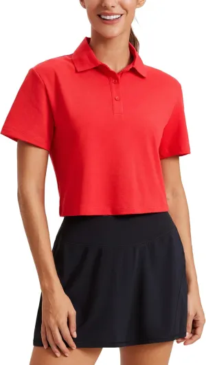 CRZ YOGA Golf Crop Polo Shirts for Women 3 Button Collared Quick Dry Tennis T-Shirt Short Sleeve Workout Athletic Tops