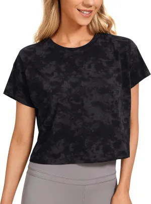 CRZ YOGA Women's Pima Cotton Workout Short Sleeve Shirts Loose Athletic Crop Tops Gym Casual Cropped T-Shirt