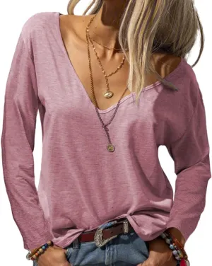 Danedvi Women Fashion Deep V-Neck Long Sleeve Tops Solid Casual Loose Basic T Shirt