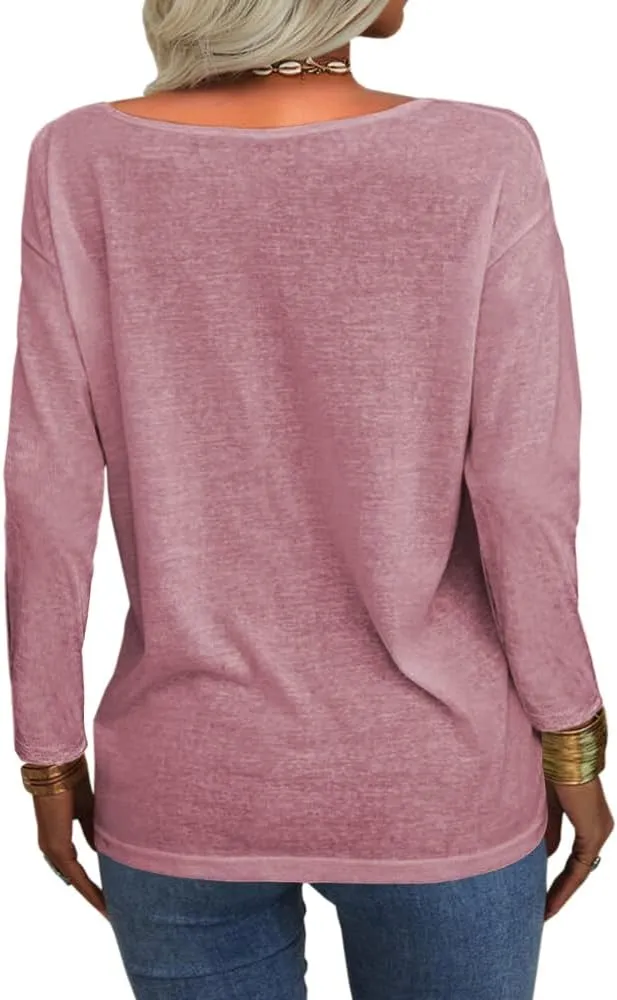Danedvi Women Fashion Deep V-Neck Long Sleeve Tops Solid Casual Loose Basic T Shirt