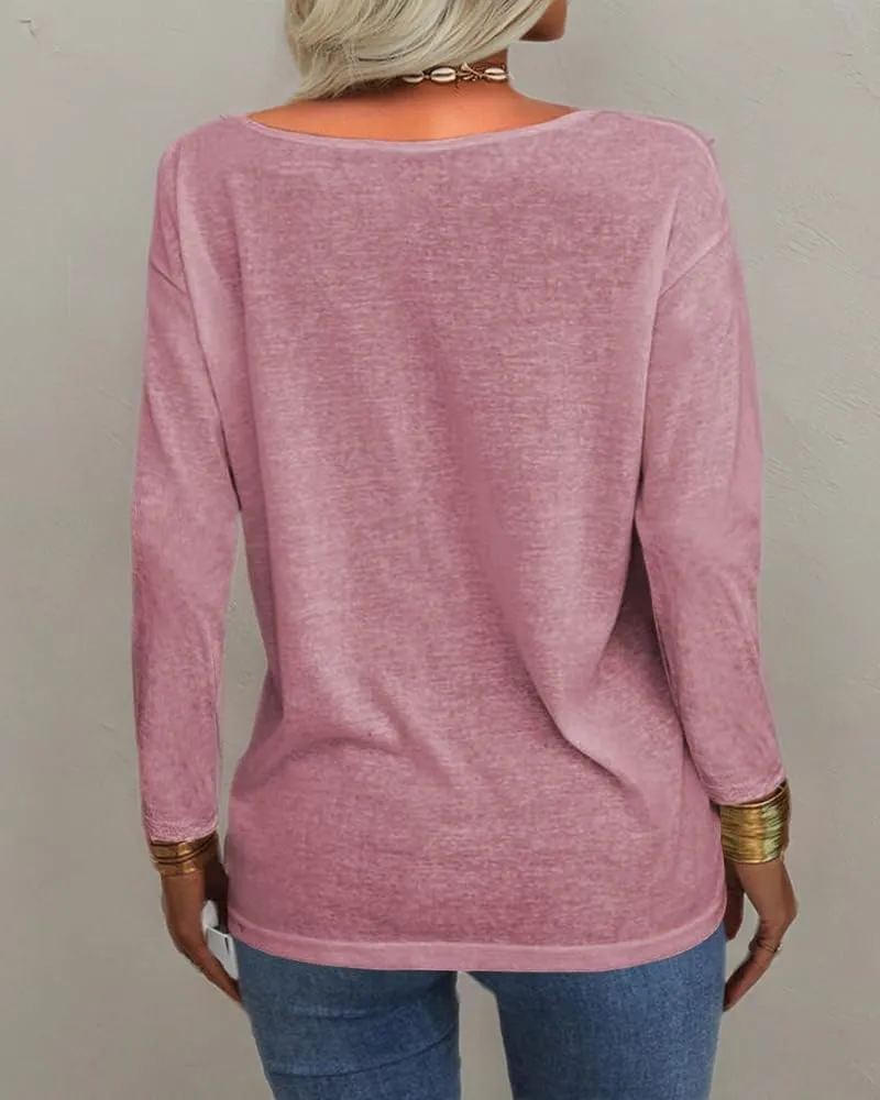 Danedvi Women Fashion Deep V-Neck Long Sleeve Tops Solid Casual Loose Basic T Shirt