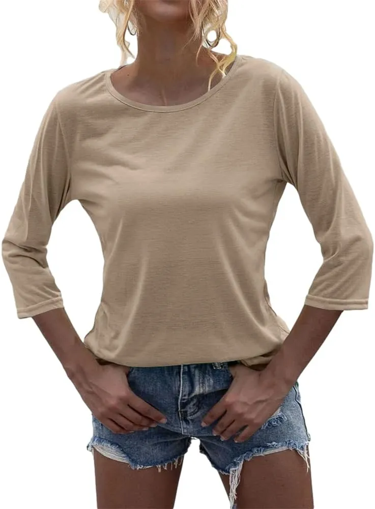 Danedvi Women Fashion O-Neck 3/4 Sleeve T Shirt Solid Casual Basic Tops