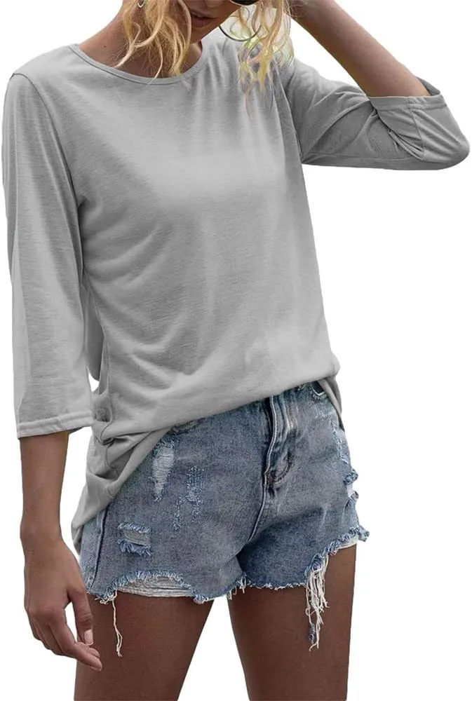 Danedvi Women Fashion O-Neck 3/4 Sleeve T Shirt Solid Casual Basic Tops