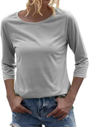 Danedvi Women Fashion O-Neck 3/4 Sleeve T Shirt Solid Casual Basic Tops
