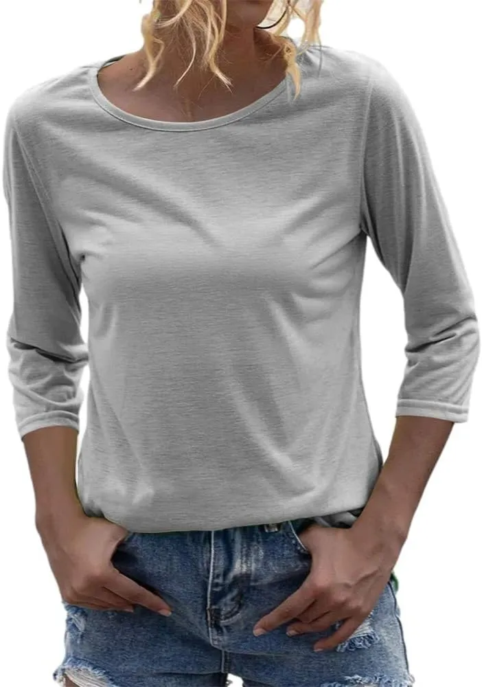 Danedvi Women Fashion O-Neck 3/4 Sleeve T Shirt Solid Casual Basic Tops