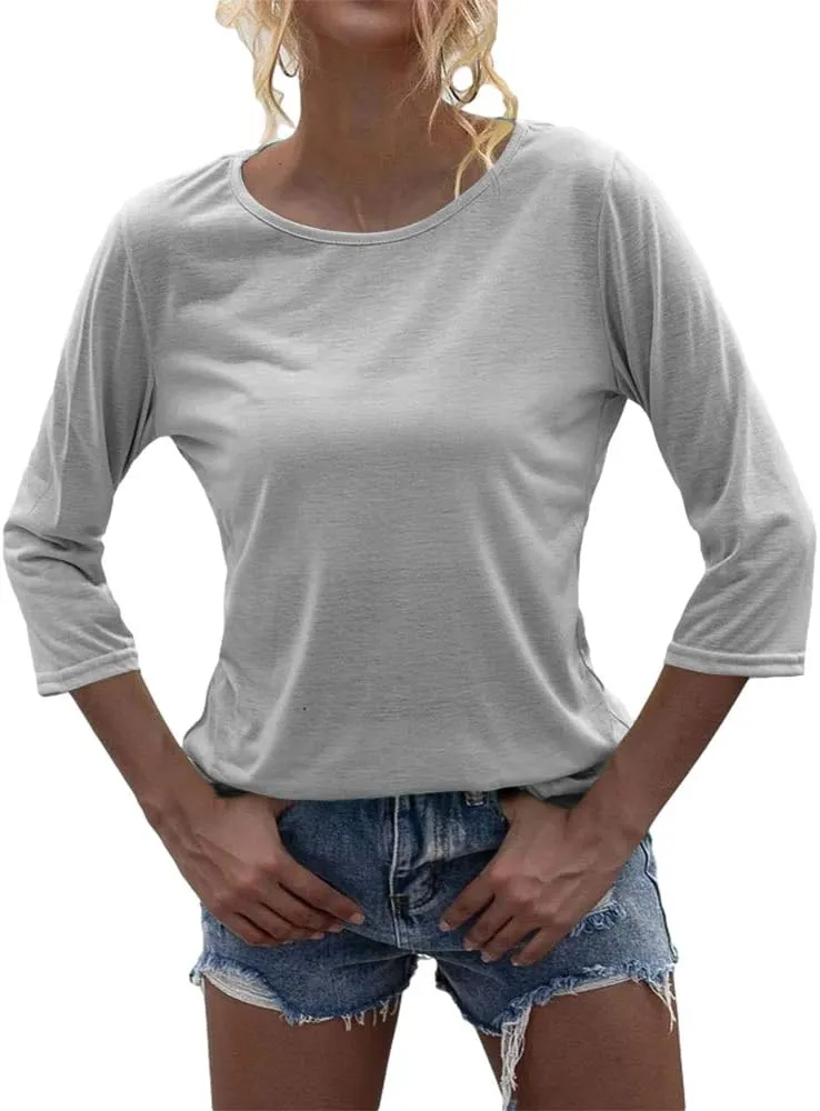 Danedvi Women Fashion O-Neck 3/4 Sleeve T Shirt Solid Casual Basic Tops