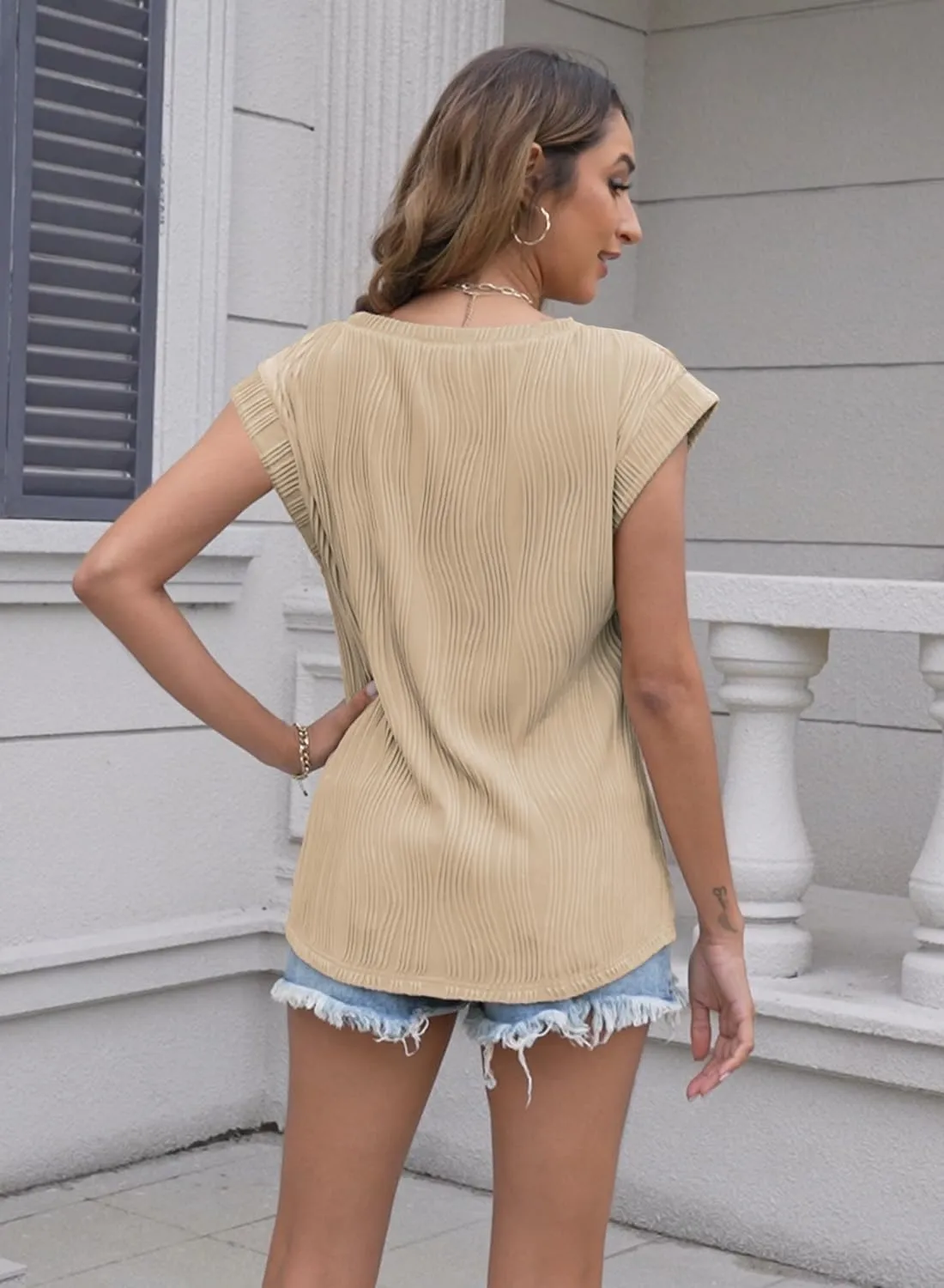 Disamer Summer Cap Sleeve Tank Tops for Women Trendy 2025 Loose Fit Basic Solid Color V Neck Short Sleeve Shirts