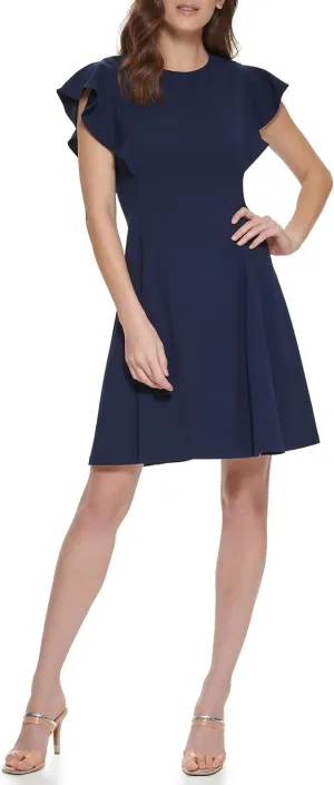 DKNY womens Flutter Sleeve Scuba Crepe Jewel Neck Dress