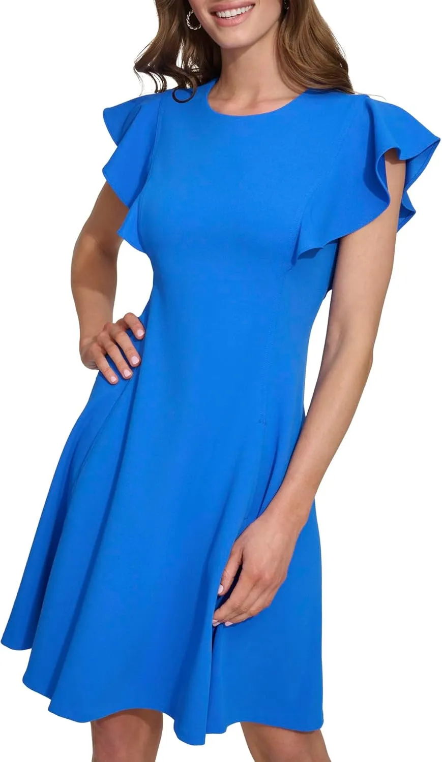 DKNY womens Flutter Sleeve Scuba Crepe Jewel Neck Dress