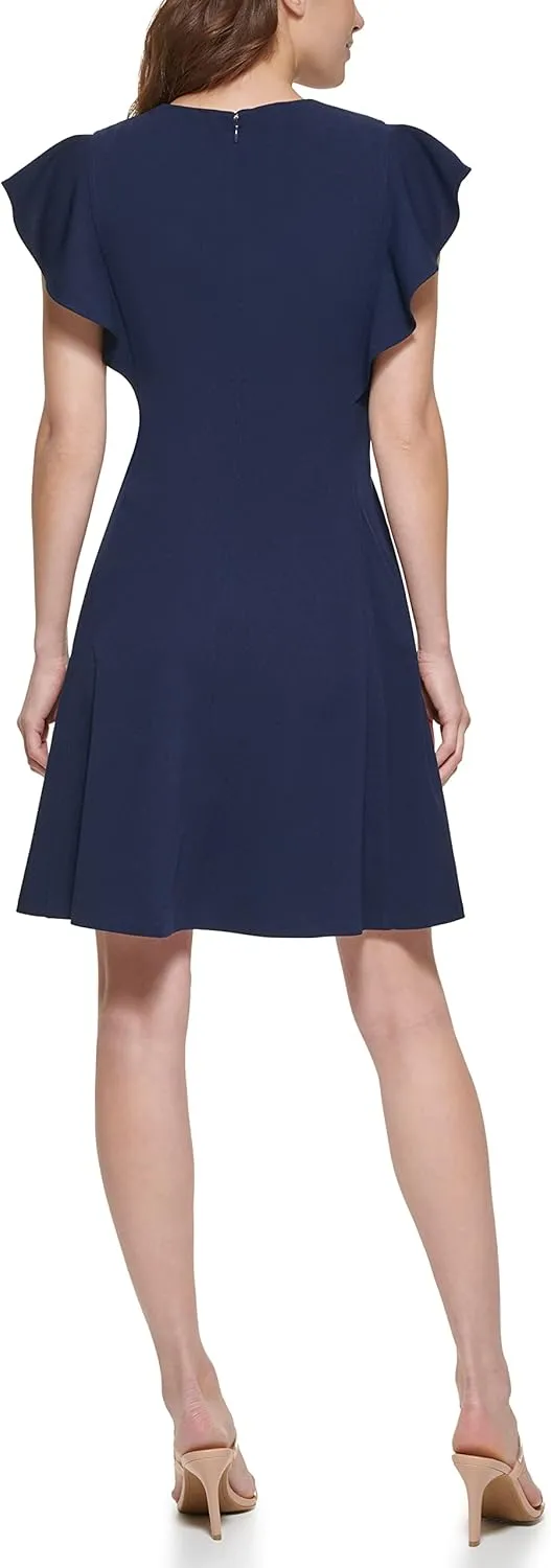 DKNY womens Flutter Sleeve Scuba Crepe Jewel Neck Dress