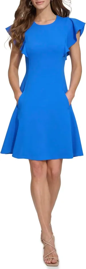 DKNY womens Flutter Sleeve Scuba Crepe Jewel Neck Dress