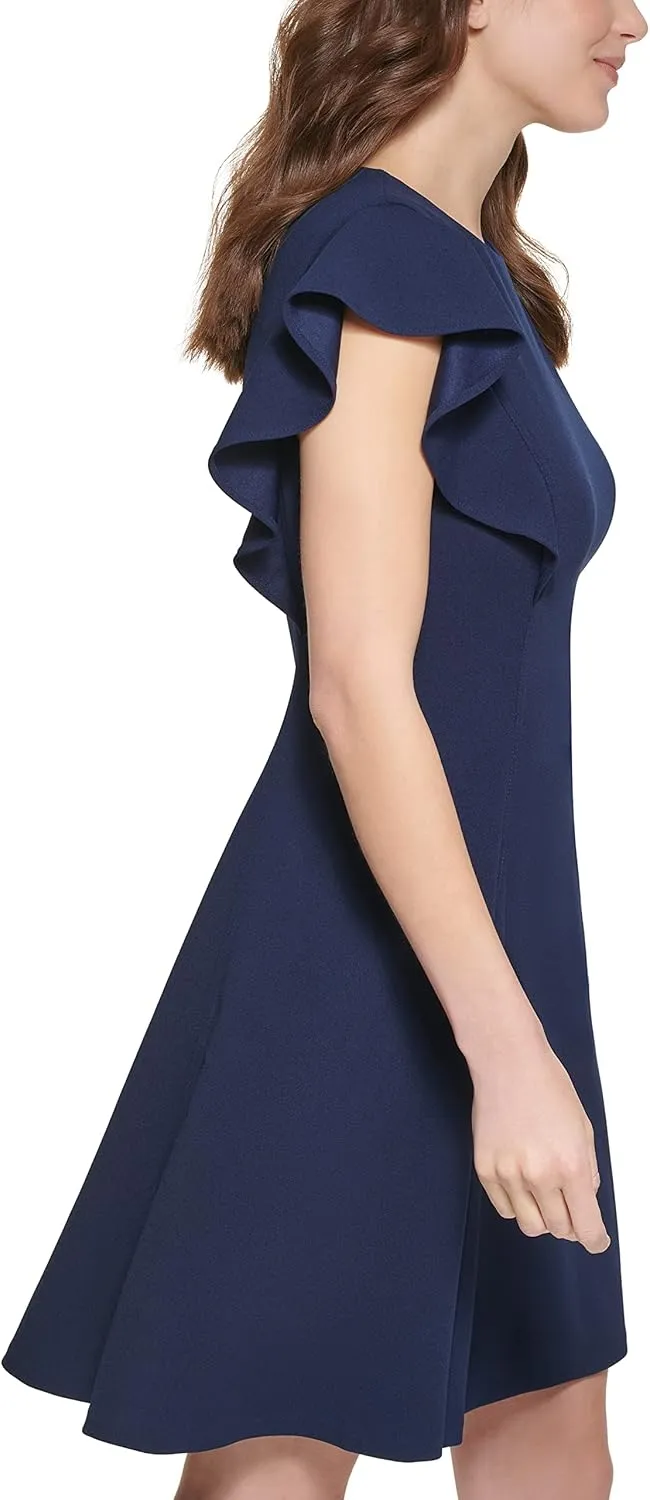 DKNY womens Flutter Sleeve Scuba Crepe Jewel Neck Dress