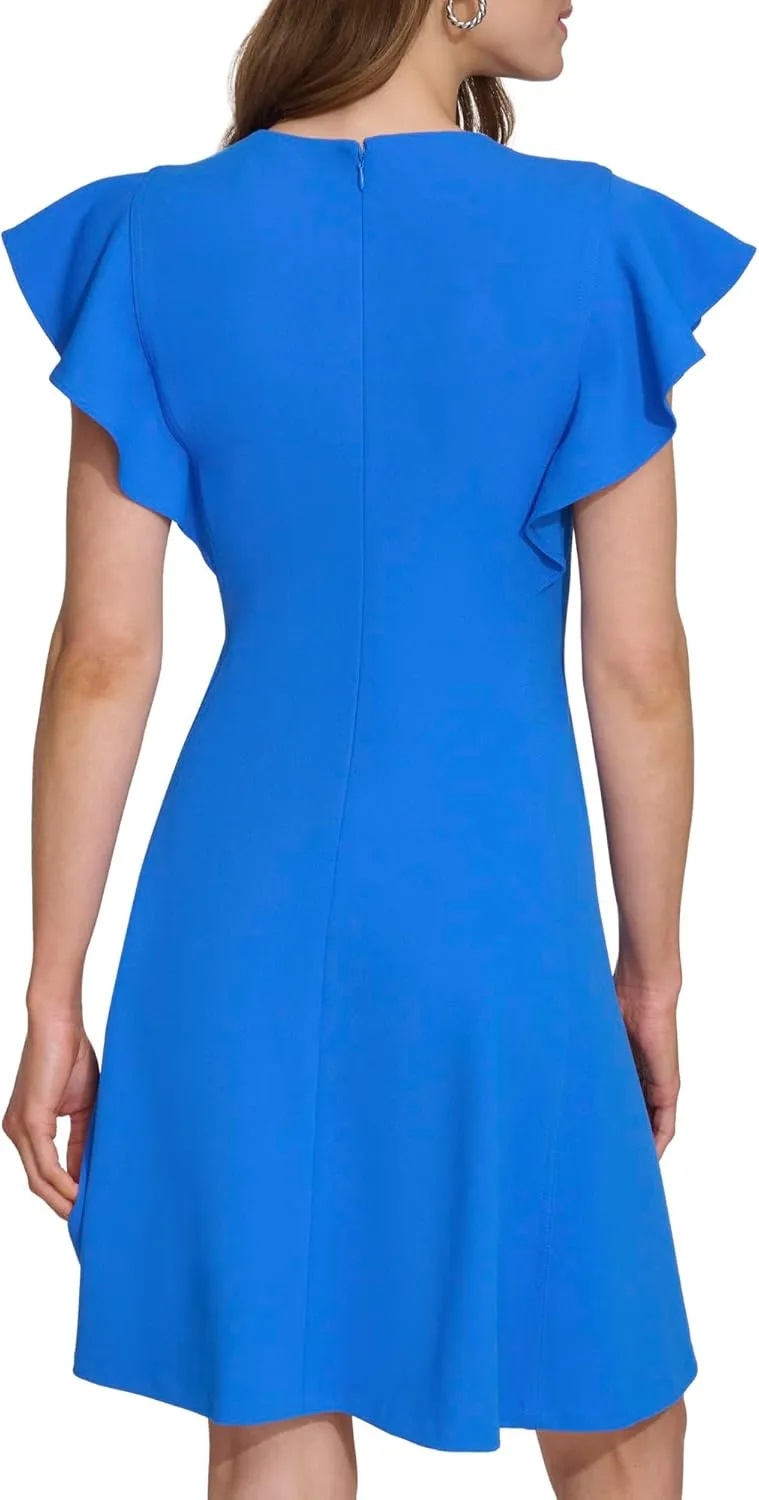 DKNY womens Flutter Sleeve Scuba Crepe Jewel Neck Dress