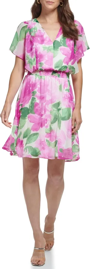DKNY Women's Flutter Sleeve Smocked Waist Mini Dress