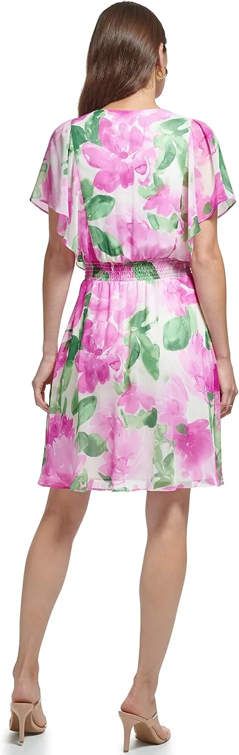 DKNY Women's Flutter Sleeve Smocked Waist Mini Dress