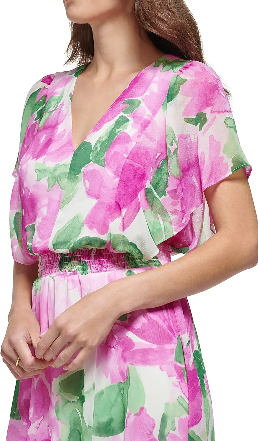 DKNY Women's Flutter Sleeve Smocked Waist Mini Dress