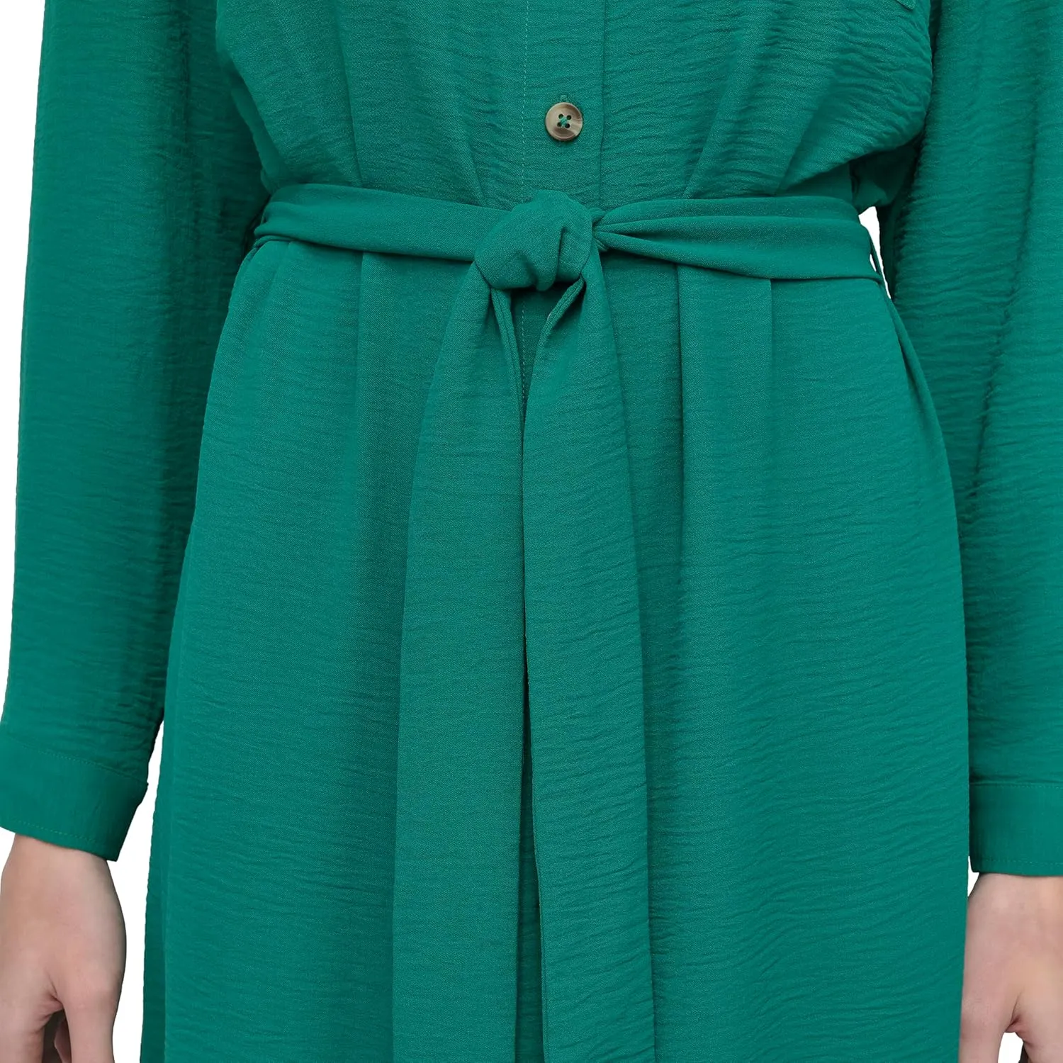 DKNY Women's Long Sleeve Collared Tie Midi Shirtdress