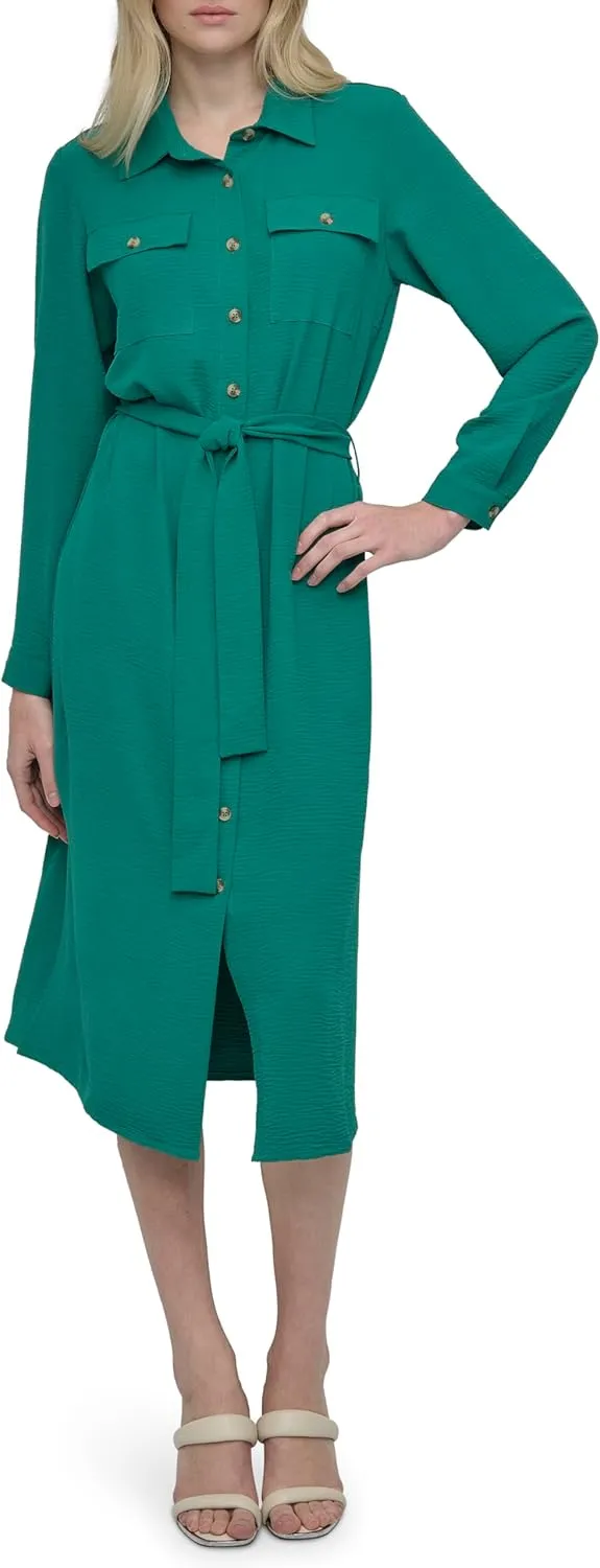 DKNY Women's Long Sleeve Collared Tie Midi Shirtdress
