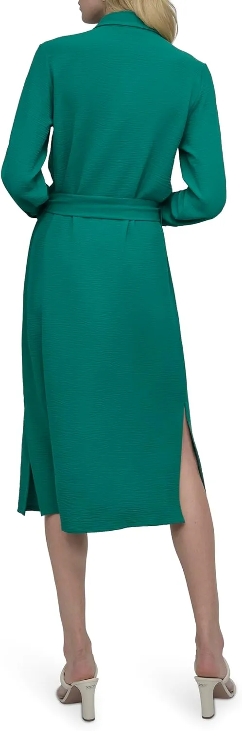 DKNY Women's Long Sleeve Collared Tie Midi Shirtdress