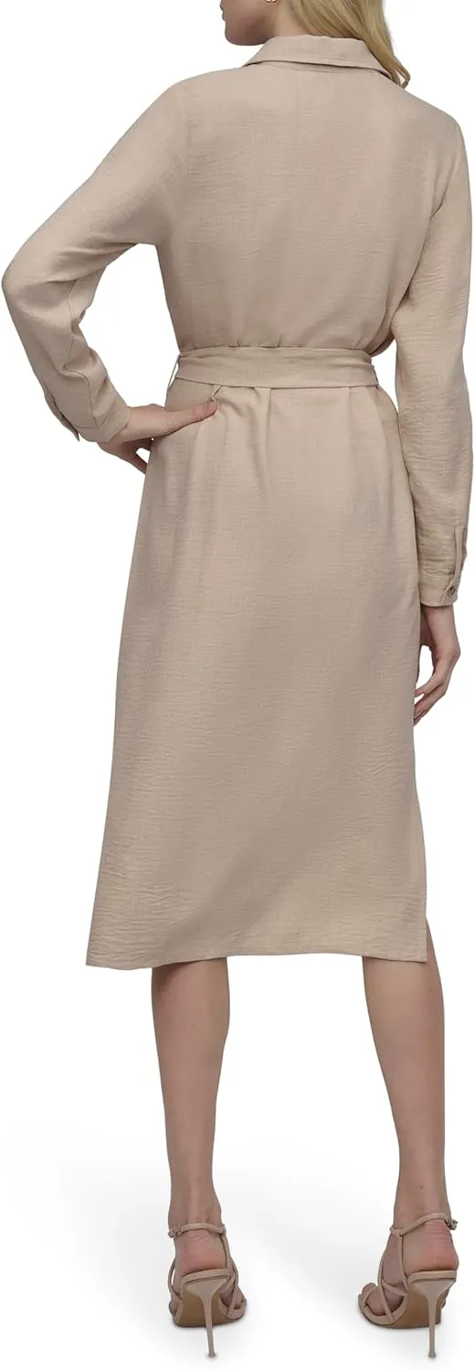 DKNY Women's Long Sleeve Collared Tie Midi Shirtdress
