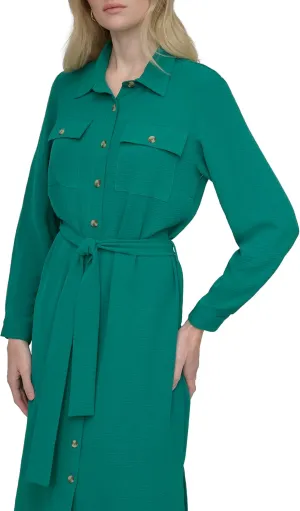 DKNY Women's Long Sleeve Collared Tie Midi Shirtdress