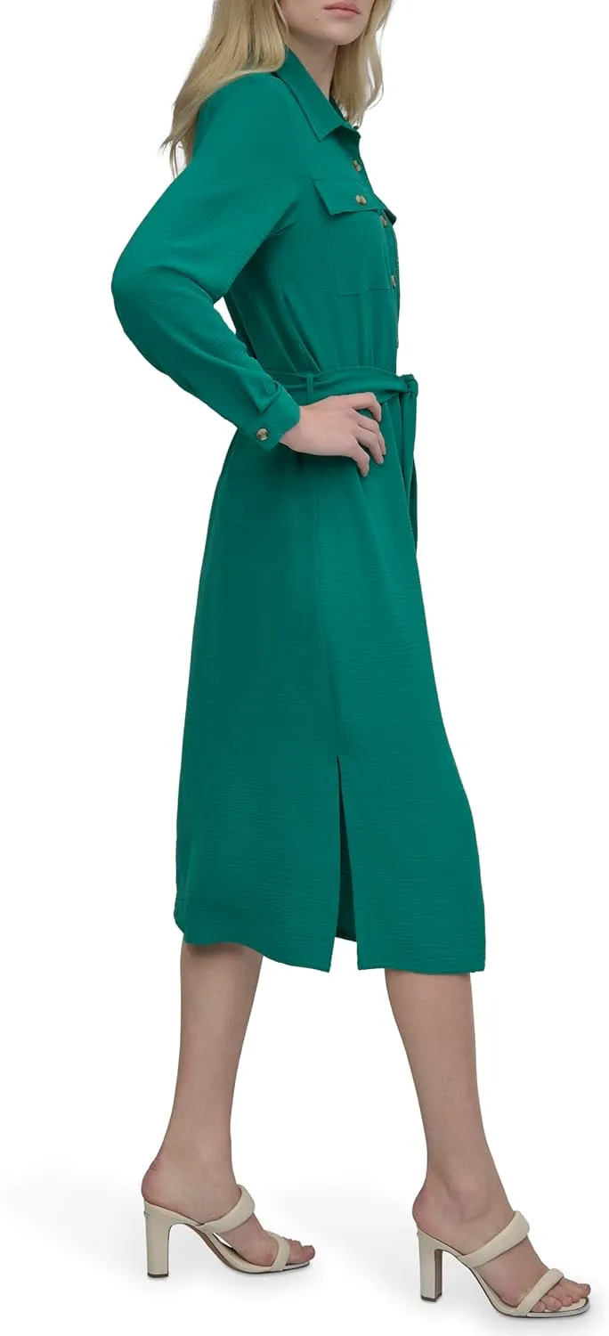 DKNY Women's Long Sleeve Collared Tie Midi Shirtdress