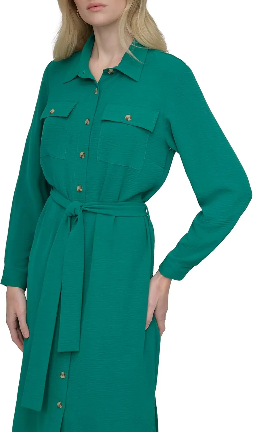 DKNY Women's Long Sleeve Collared Tie Midi Shirtdress