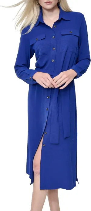 DKNY Women's Long Sleeve Collared Tie Midi Shirtdress