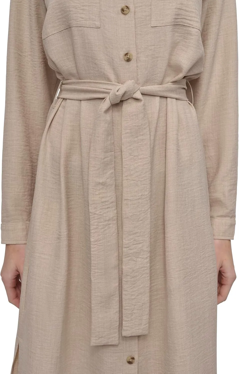 DKNY Women's Long Sleeve Collared Tie Midi Shirtdress
