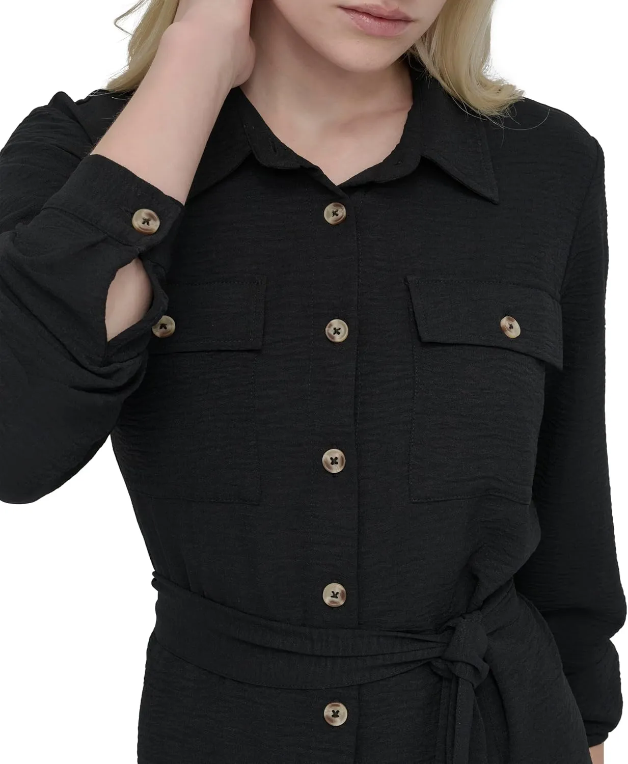 DKNY Women's Long Sleeve Collared Tie Midi Shirtdress