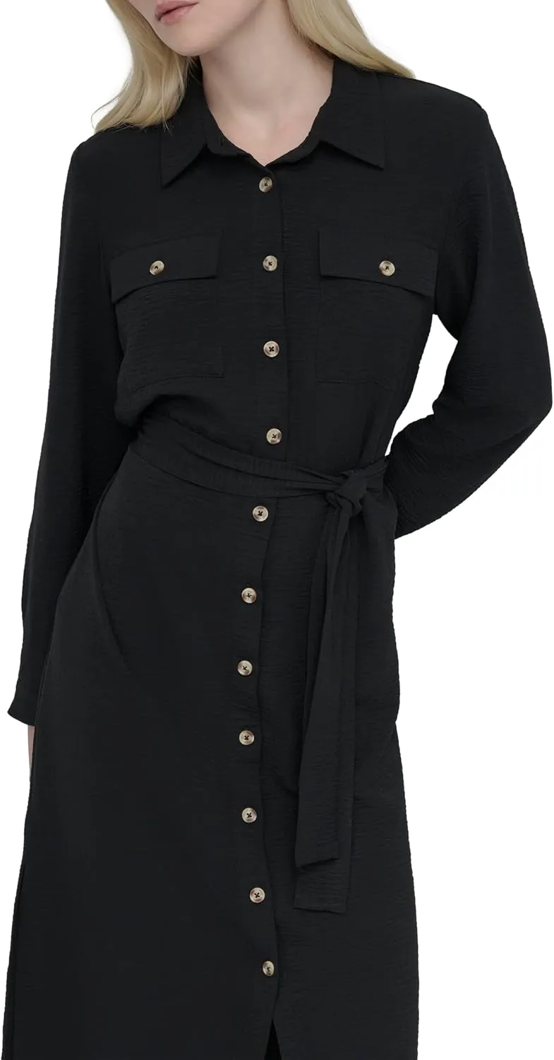 DKNY Women's Long Sleeve Collared Tie Midi Shirtdress