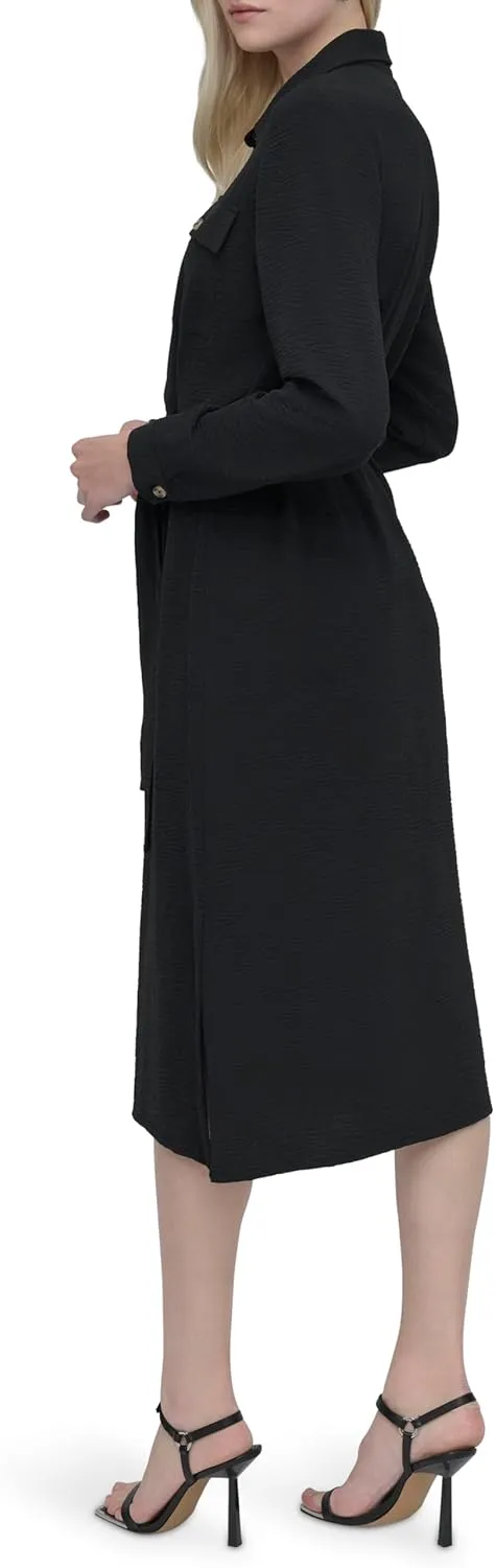DKNY Women's Long Sleeve Collared Tie Midi Shirtdress