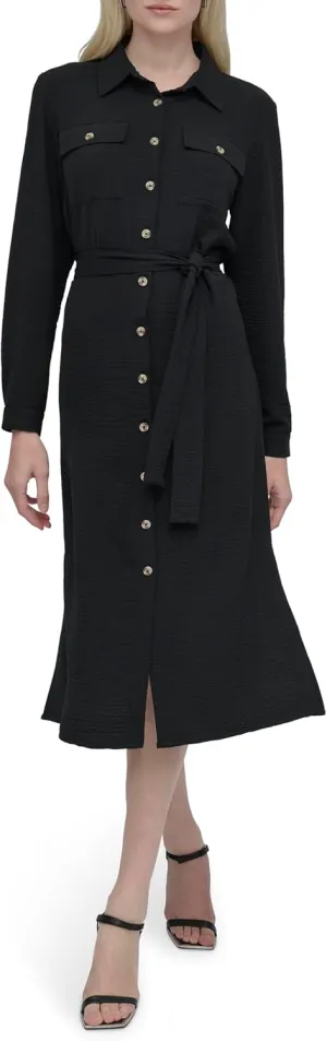 DKNY Women's Long Sleeve Collared Tie Midi Shirtdress