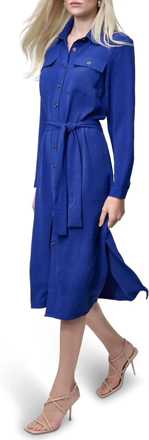 DKNY Women's Long Sleeve Collared Tie Midi Shirtdress