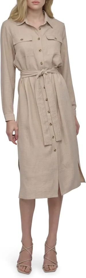 DKNY Women's Long Sleeve Collared Tie Midi Shirtdress
