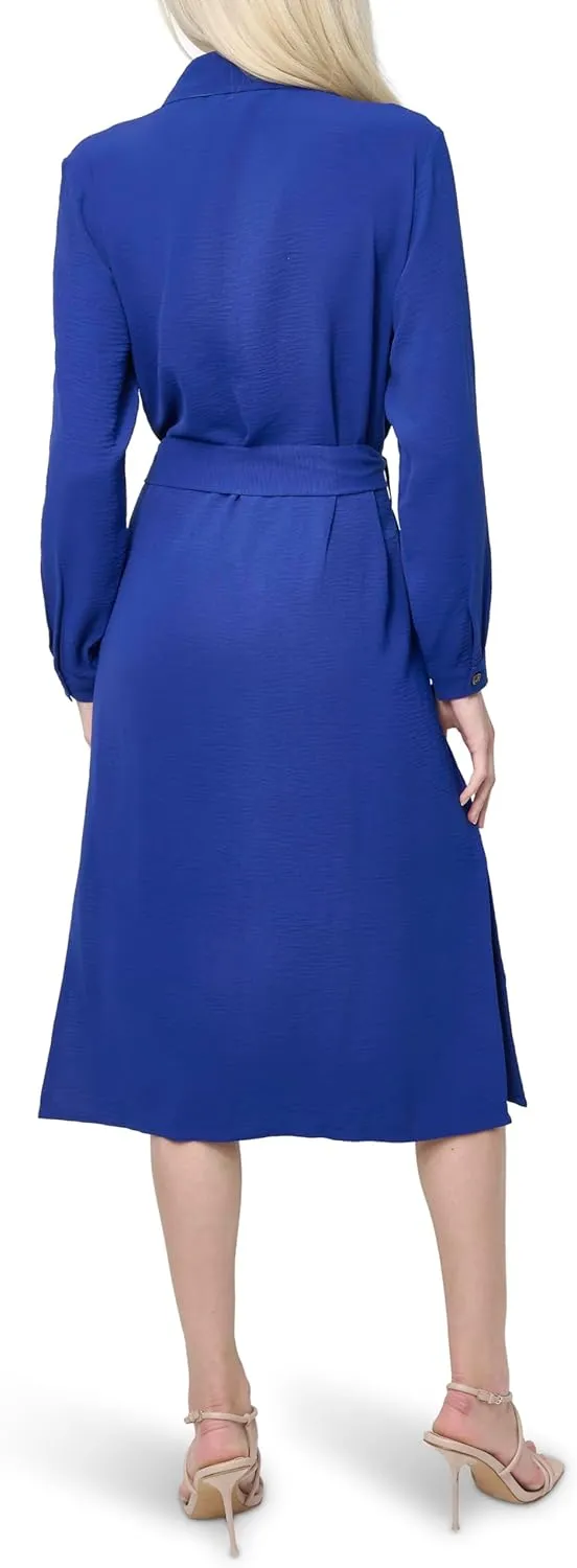 DKNY Women's Long Sleeve Collared Tie Midi Shirtdress