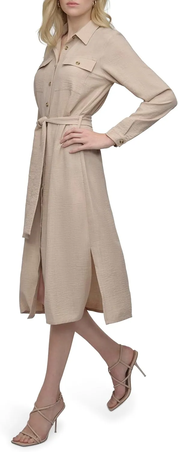 DKNY Women's Long Sleeve Collared Tie Midi Shirtdress
