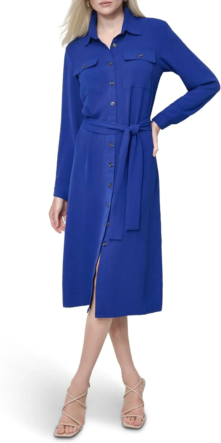 DKNY Women's Long Sleeve Collared Tie Midi Shirtdress