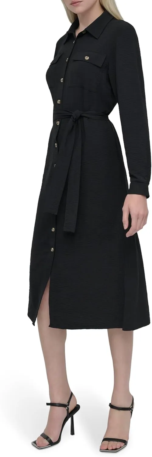 DKNY Women's Long Sleeve Collared Tie Midi Shirtdress