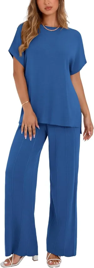 dowerme Women Summer Clothes 2025 Casual 2 Piece Outfits Ribbed Knit Lounge Set Pullover Top Pleated Wide Leg Pant Sets