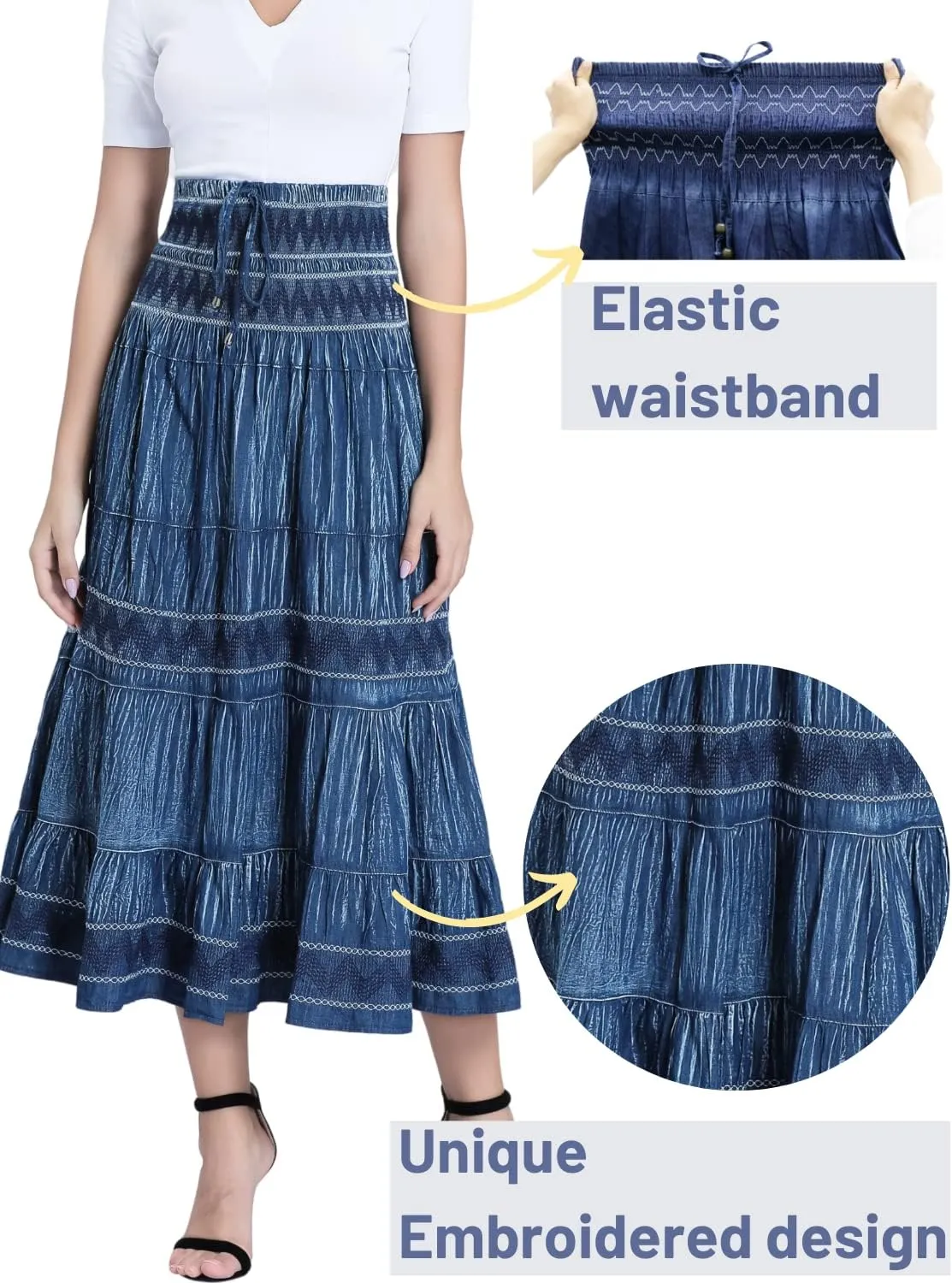 DREFBUFY Maxi Skirt Womens High Waist Pleated Tiered Long Skirts Denim Casual Style Midi Dress for Women