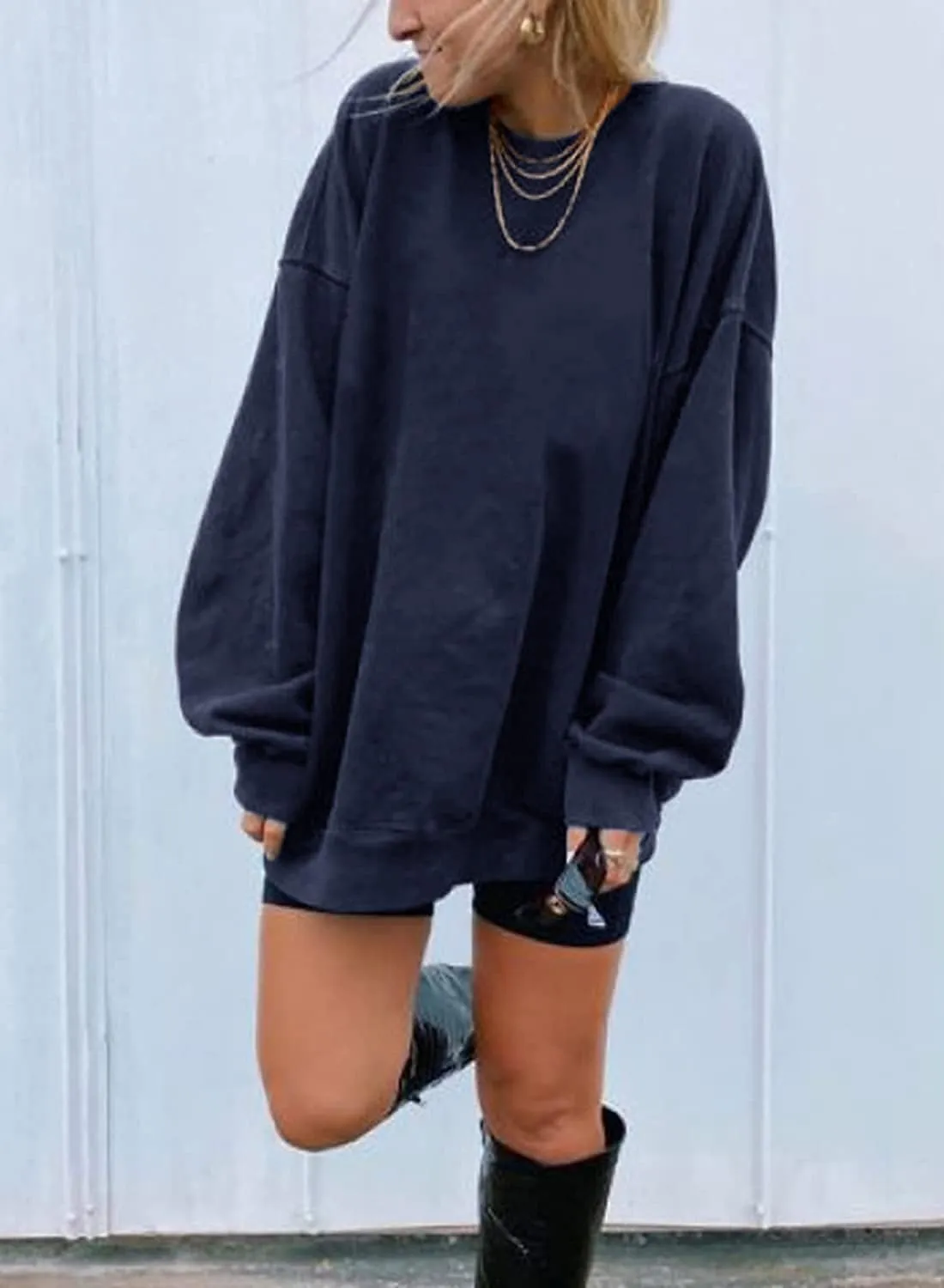Ebifin Women's Oversized Long Sleeve Sweatshirts Pure Color Round Neck Casual Pullover Shirt