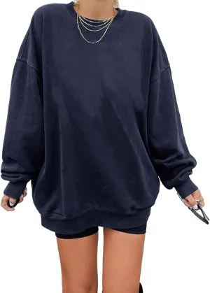 Ebifin Women's Oversized Long Sleeve Sweatshirts Pure Color Round Neck Casual Pullover Shirt